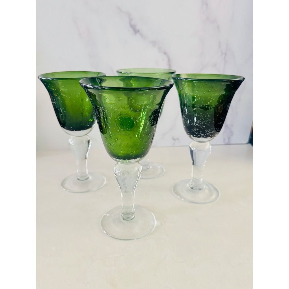 Vintage Green Glass Goblets Set of 4 Hand Blown Style Bubble Glass, 8.5"